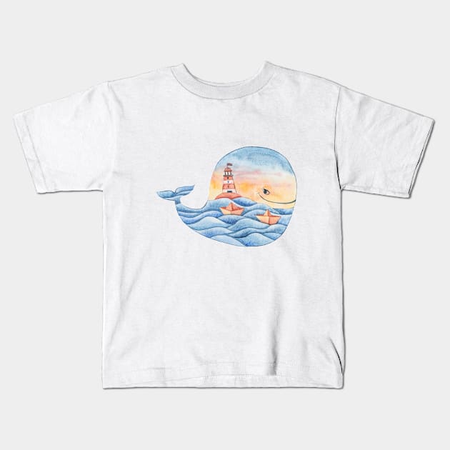 Watercolor cute whale illustration Kids T-Shirt by tiana geo